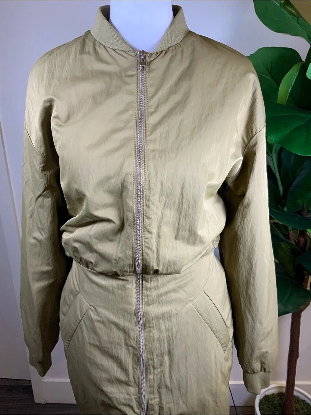 Zara Olive Green Long Bomber Jacket